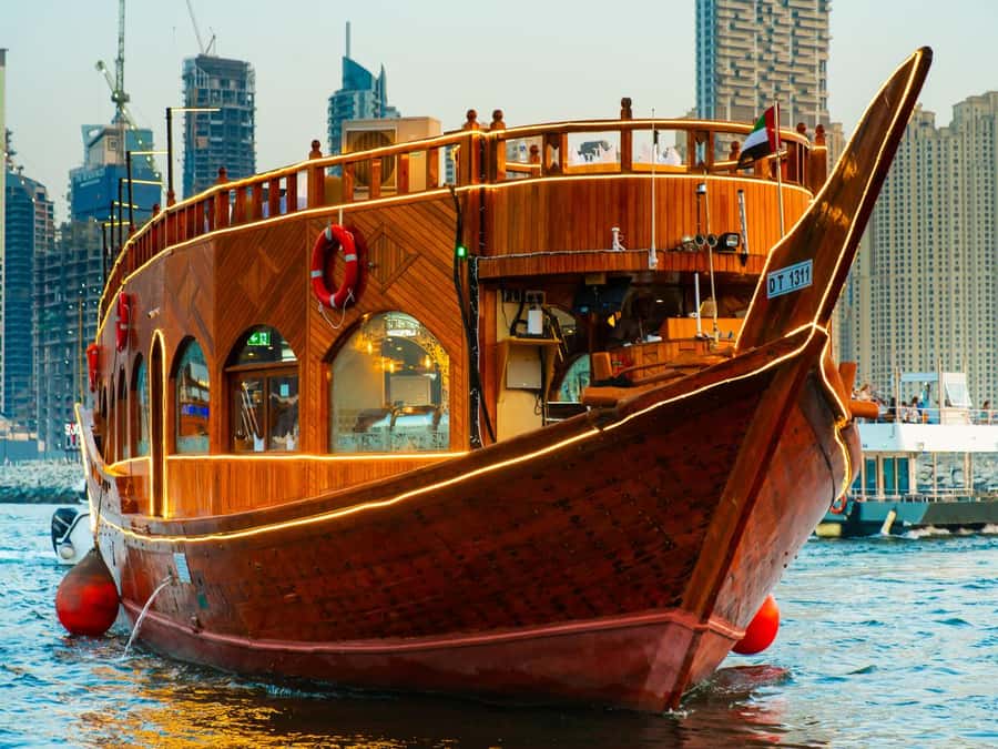 Best 5-Star Dhow Dinner Cruise Dubai Marina Jack Sparrow - The route: marina towers, yacht clubs, and Bluewaters