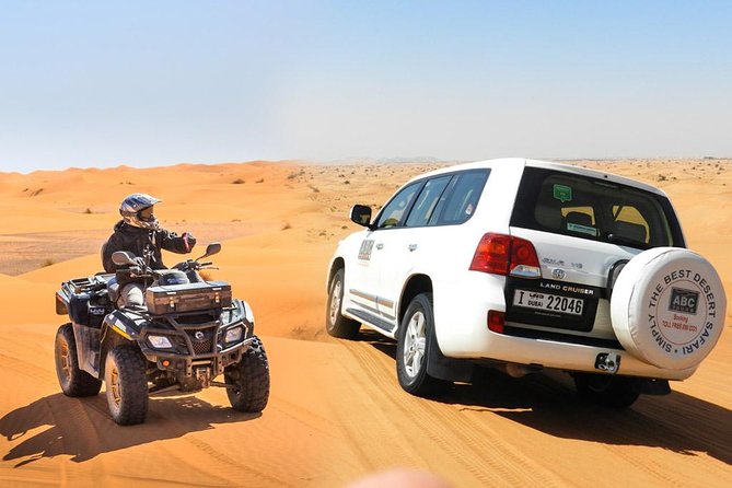 Dubai Desert Safari Dune Bashing, 60min ATV Quad, Camel Ride, BBQ - Afternoon pickup and the ride into the desert