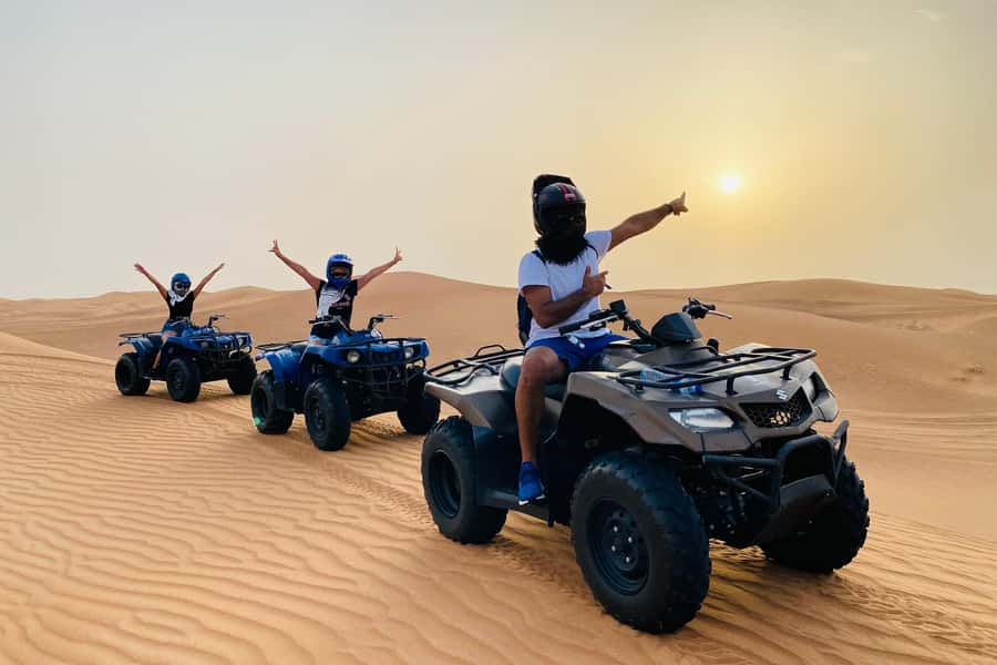 Dubai: Desert Safari, Quad Bike, Camel Ride & Al Khayma Camp - Sandboarding without a lesson