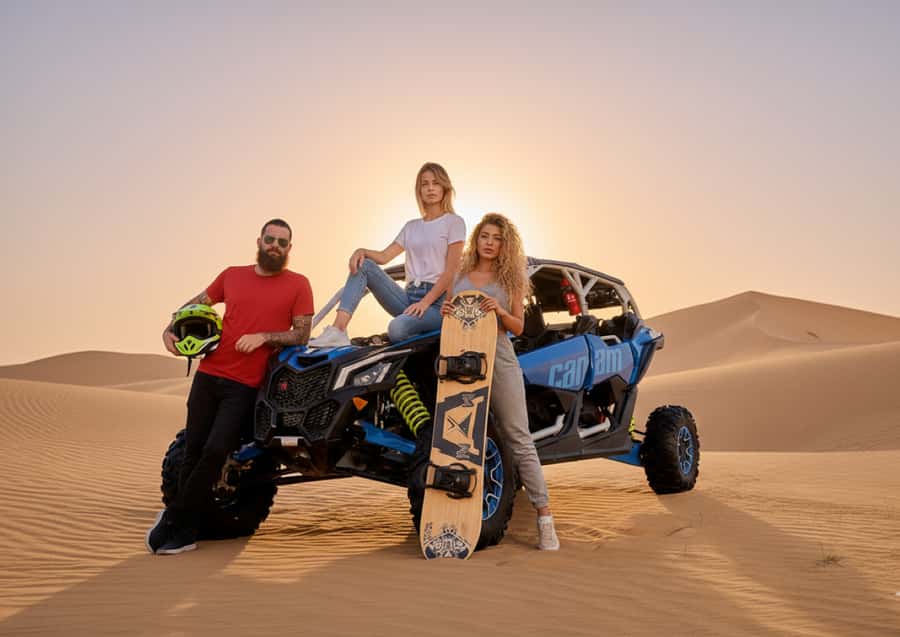 Dubai: Desert Safari, Quad Bike, Sandboarding, Camels & BBQ - Sunset, camels, and falcons slow the pace