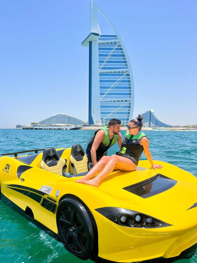 Dubai: Dubai Marina Jetcar Ride - Passing Burj Al Arab with the spray flying
