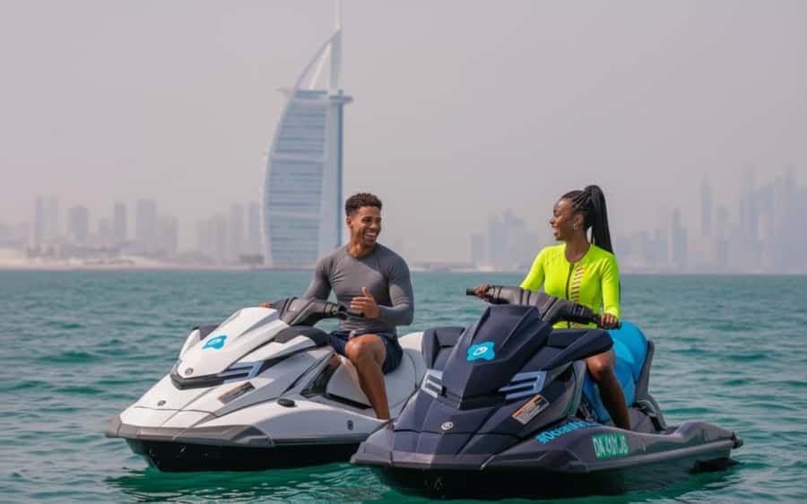 Dubai: Jetski, Burj Khalifa, Burj Al Arab, Juice, & Photos - Leaving Fishing Harbor 1 with a safety briefing