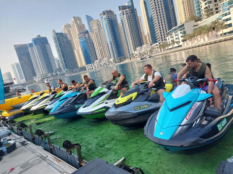 Dubai: Jetski Tour to Dubai Eye, JBR, Palm & Burj Al Arab - Leaving Dubai Marina on a guided jetski