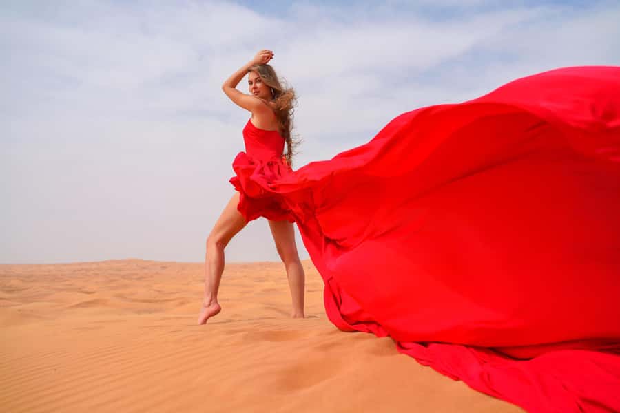 Dubai: Private Flying Dress Photography and Dune Drive Trip - A desert photo shoot with a real sense of occasion