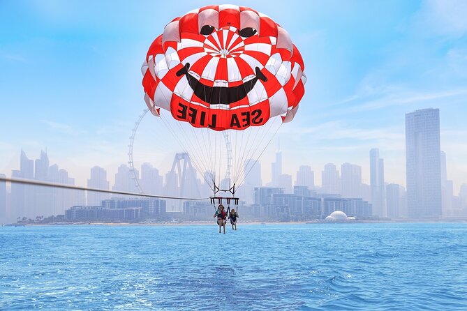 Parasailing in Dubai with Palm Jumeirah and JBR Beach views - The lift from the boat