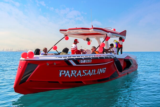 Parasailing in Dubai with Palm Jumeirah and JBR Beach views - Getting ready for the parasail