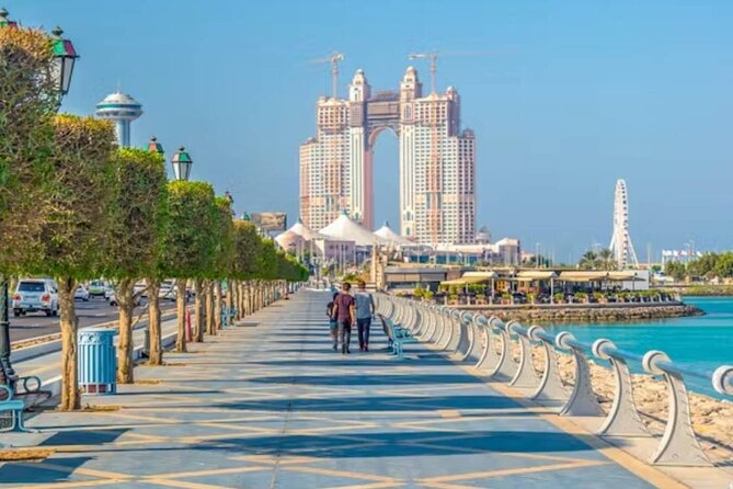 Shared Full Day Guided Tour Visit to Abu Dhabi - Corniche and Etihad Towers are viewed from the road